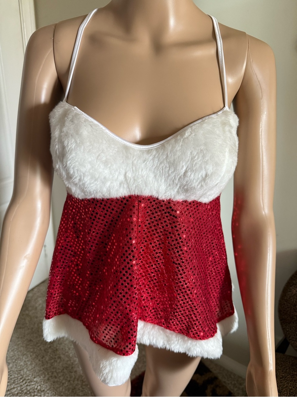 Festive Red Sequin & White Faux-Fur Cami - Holiday Party Top